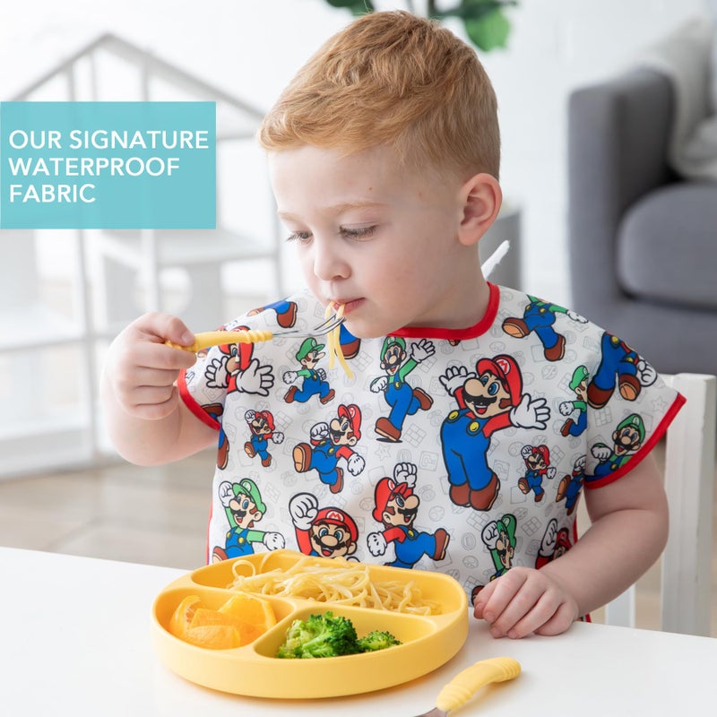 Bumkins Short Sleeve Bib for Girl or Boy, Toddler and Kids for 1-3 Years, Large Size, Essential Must Have for Junior Children, Eating, Mess Saving Soft Fabric Apron for Play, Nintendo Mario and Luigi - Image 2