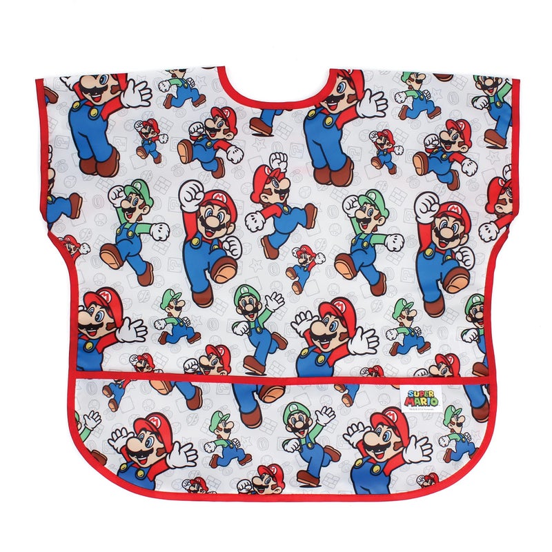 Bumkins Short Sleeve Bib for Girl or Boy, Toddler and Kids for 1-3 Years, Large Size, Essential Must Have for Junior Children, Eating, Mess Saving Soft Fabric Apron for Play, Nintendo Mario and Luigi - Image 1