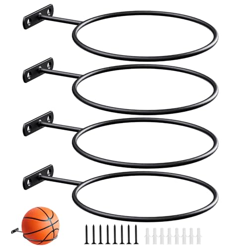 QTJUST 6in 4Pack Basketball Holder Wall Mmount Universal Ball Rack Metal Black Rack Holder Space Saver for Basketball Football Volleyball Soccer Storage Display Black - Image 1
