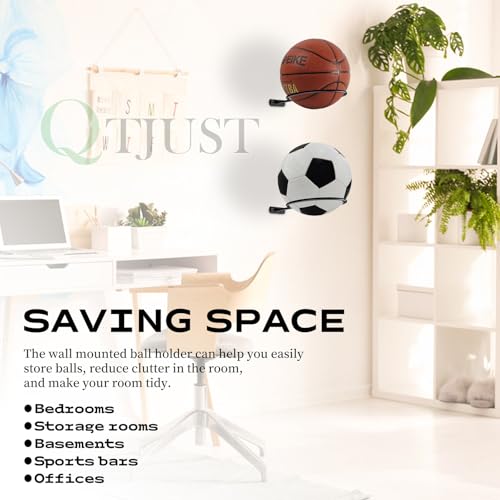 QTJUST 6in 4Pack Basketball Holder Wall Mmount Universal Ball Rack Metal Black Rack Holder Space Saver for Basketball Football Volleyball Soccer Storage Display Black - Image 4