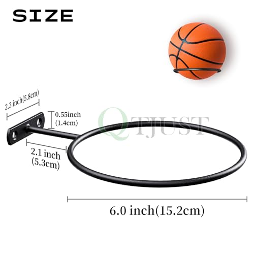 QTJUST 6in 4Pack Basketball Holder Wall Mmount Universal Ball Rack Metal Black Rack Holder Space Saver for Basketball Football Volleyball Soccer Storage Display Black - Image 2