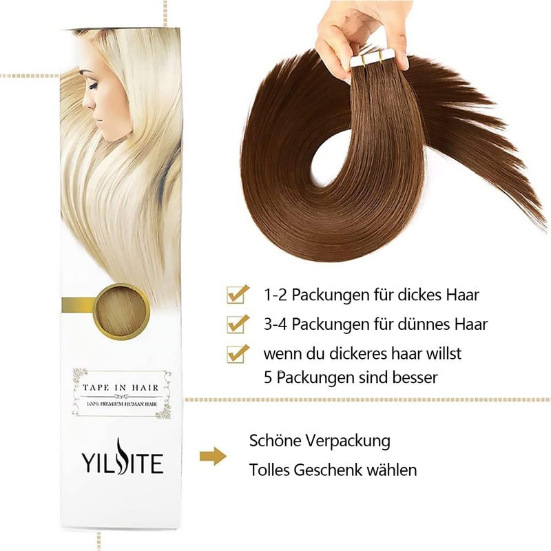 ييليت إكسسوارات شعر YILITE Tape-In من شعر حقيقي، بني متوسط، 45 سم، 20 قطعة/عبوة، 50 جرام، غير مرئي حريري مستقيم، خصلات جلدية، طبيعي (45 سم #4 بني متوسط) - Image 4