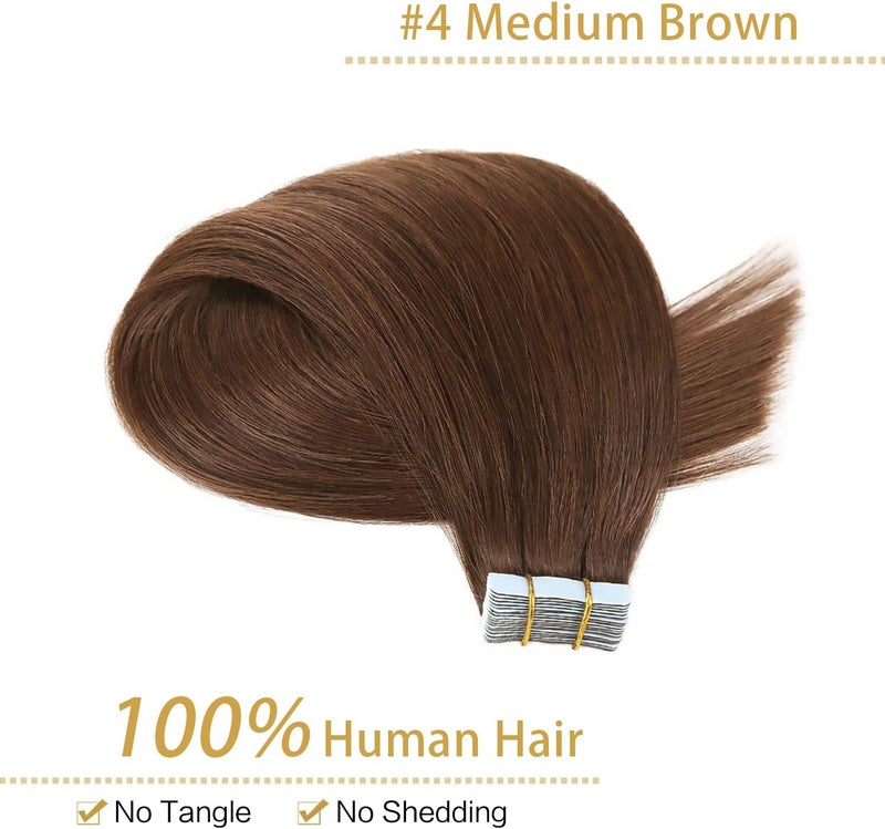ييليت إكسسوارات شعر YILITE Tape-In من شعر حقيقي، بني متوسط، 45 سم، 20 قطعة/عبوة، 50 جرام، غير مرئي حريري مستقيم، خصلات جلدية، طبيعي (45 سم #4 بني متوسط) - Image 2
