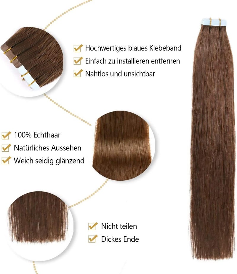 ييليت إكسسوارات شعر YILITE Tape-In من شعر حقيقي، بني متوسط، 45 سم، 20 قطعة/عبوة، 50 جرام، غير مرئي حريري مستقيم، خصلات جلدية، طبيعي (45 سم #4 بني متوسط) - Image 3