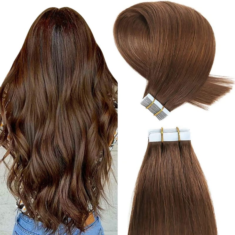 ييليت إكسسوارات شعر YILITE Tape-In من شعر حقيقي، بني متوسط، 45 سم، 20 قطعة/عبوة، 50 جرام، غير مرئي حريري مستقيم، خصلات جلدية، طبيعي (45 سم #4 بني متوسط) - Image 1