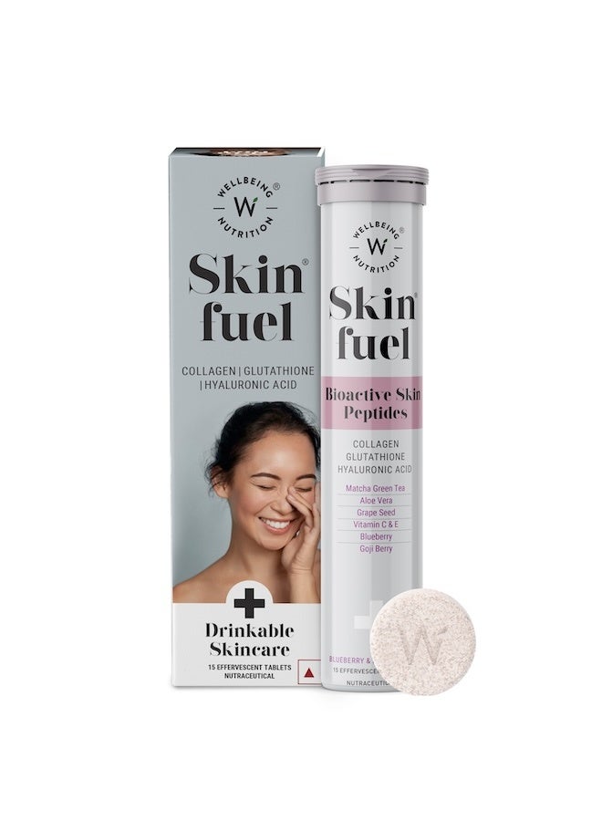WELLBEING NUTRITION Skin Fuel Glutathione Tablets for Glowing Skin, Radiance, Skin Whitening & Anti Ageing | Hyaluronic Acid, Vitamin C & Vitamin E | 15 Effervescent Tablets - Image 1