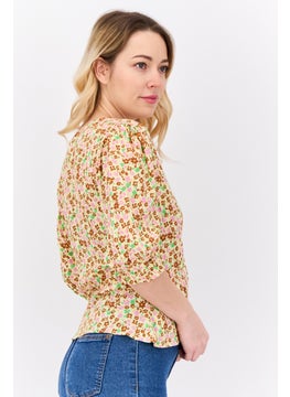 MANGO Women V Neck Short Sleeves Floral Pattern Blouse, Yellow Combo  - Image 2