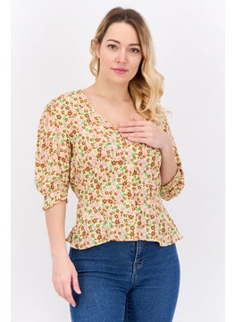 MANGO Women V Neck Short Sleeves Floral Pattern Blouse, Yellow Combo  - Image 1