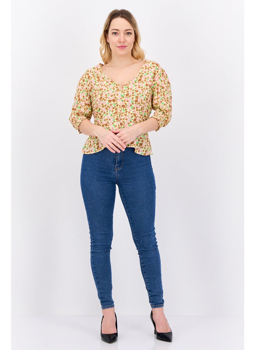 MANGO Women V Neck Short Sleeves Floral Pattern Blouse, Yellow Combo  - Image 4