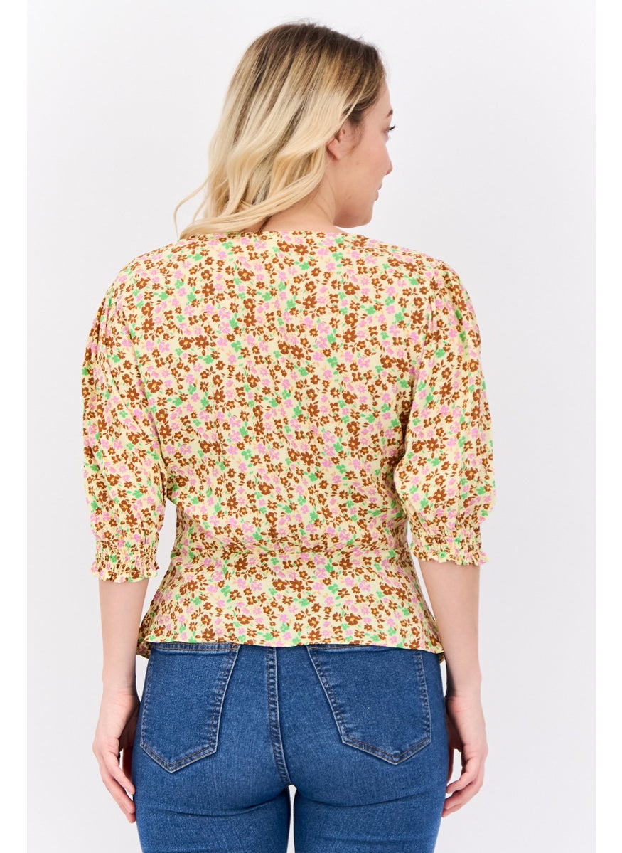 MANGO Women V Neck Short Sleeves Floral Pattern Blouse, Yellow Combo  - Image 3