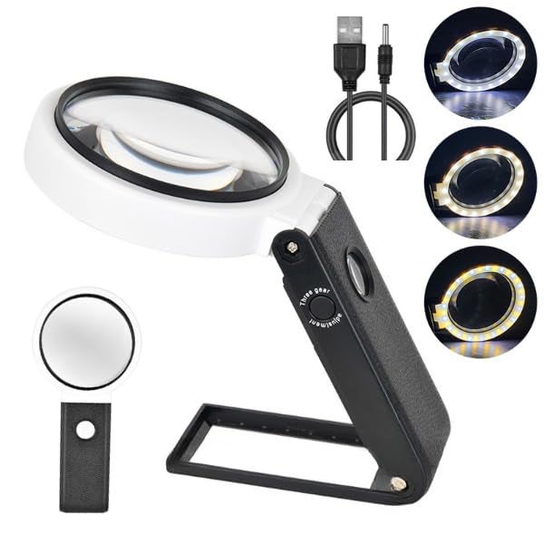 Bysameyee Magnifying Glasses with Light and Stand, 10X 25X Handheld Lighted Magnifier, Large Standing Magnifying Glass with 32 LED Lights for Close Work Coin Stamp Collection - Image 1