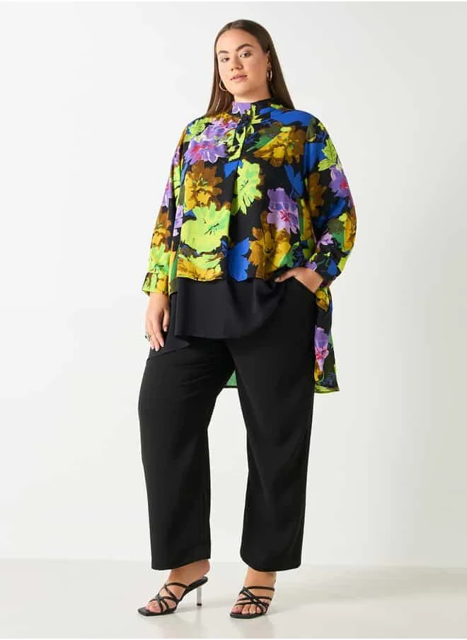 Ulla Popken Plus Size Ulla Popken Floral Print High Low Top