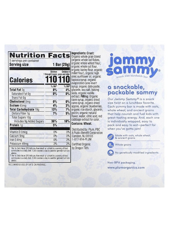 Plum Organics Plum Organics, Jammy Sammy, Snack Size Sandwich Bar, 15 Months & Up, Blueberry & Oatmeal, 5 Bars, 1.02 oz (29 g) Each  - Image 2