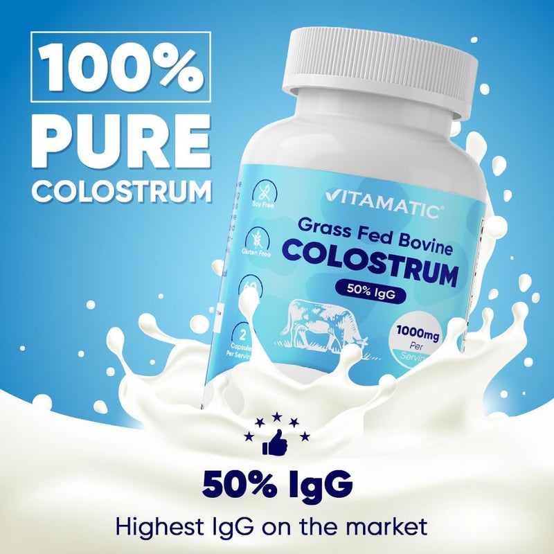 Vitamatic Bovine Colostrum Supplement 1000 mg per Serving  50 Highest IgG  Supplement for Gut Health Hair Growth Beauty Muscle Recovery  Immune Support  120 Capsules - Image 4