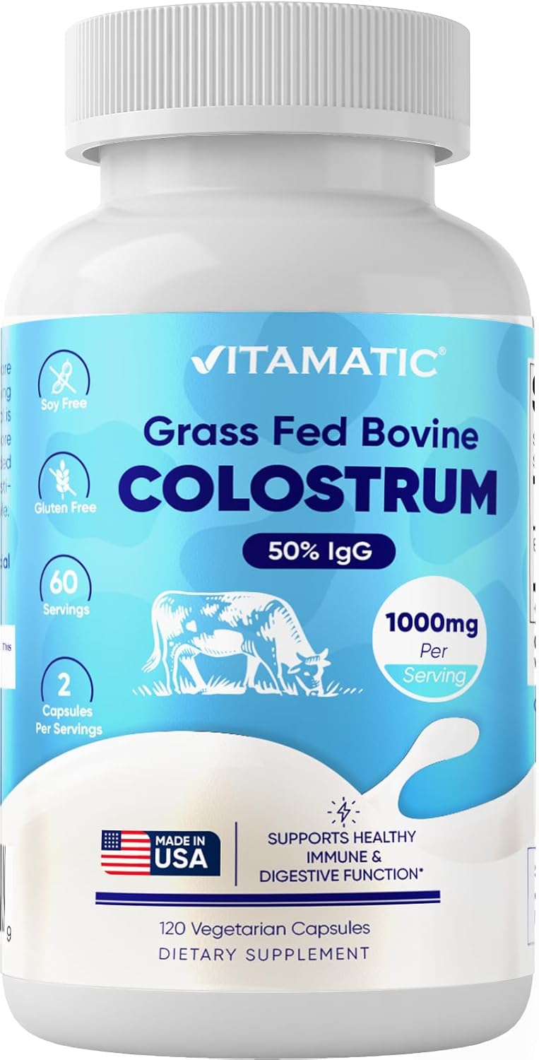 Vitamatic Bovine Colostrum Supplement 1000 mg per Serving  50 Highest IgG  Supplement for Gut Health Hair Growth Beauty Muscle Recovery  Immune Support  120 Capsules - Image 1