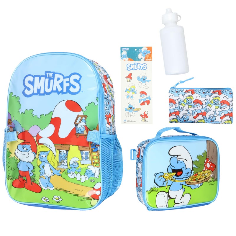 INTIMO The Smurfs Backpack 5Piece Mega Set Travel Daypack Bag with Lunch Box Pencil Case Water Bottle and Stickers 16 - Image 2