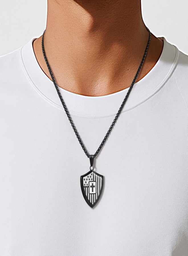 FLHEART Christian Cross Bible Verse Necklace for Men - Shield American Flag Stainless Steel Chain Black Necklaces Religious Christian Catholic Jewelry Gifts for Men - Image 3