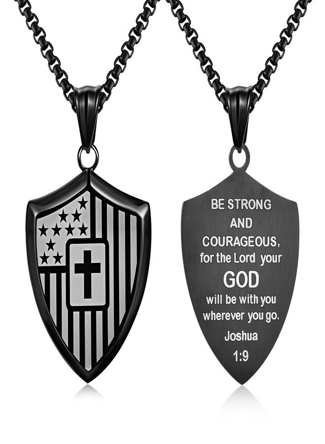 FLHEART Christian Cross Bible Verse Necklace for Men - Shield American Flag Stainless Steel Chain Black Necklaces Religious Christian Catholic Jewelry Gifts for Men - Image 1