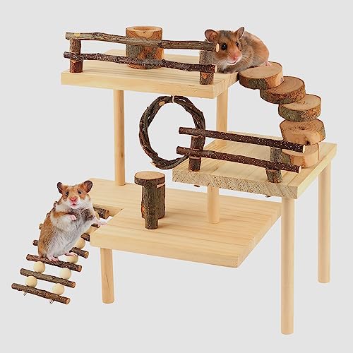 HOSUKKO Hamster Climbing Toys 3Tier Extra Large Hamster Playground Natural Wooden Small Animal Platform Toys Hamster Exercise Activity Climbing Platform with Bridge for Gift - Image 1