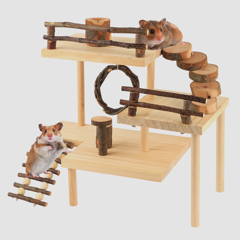 HOSUKKO Hamster Climbing Toys 3Tier Extra Large Hamster Playground Natural Wooden Small Animal Platform Toys Hamster Exercise Activity Climbing Platform with Bridge for Gift - Image 2