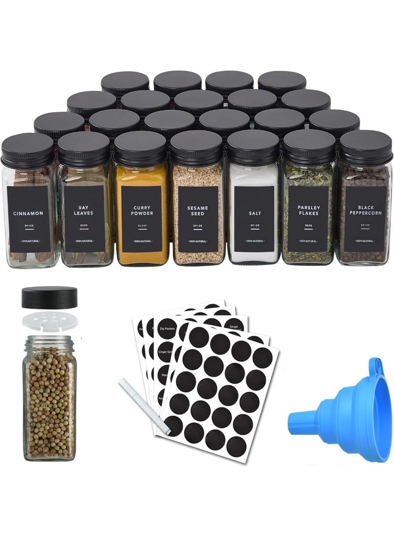 تايكوم Spice Jars with Labels for Kitchen Organizing Drawers 120 ml Glass Jars With Cleaning Brush and Collapsible Funnel Food Storage jars 24 Pcs with Transparent Jars and Black Lids.  - Image 1