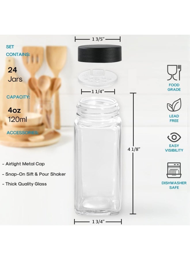 تايكوم Spice Jars with Labels for Kitchen Organizing Drawers 120 ml Glass Jars With Cleaning Brush and Collapsible Funnel Food Storage jars 24 Pcs with Transparent Jars and Black Lids.  - Image 3