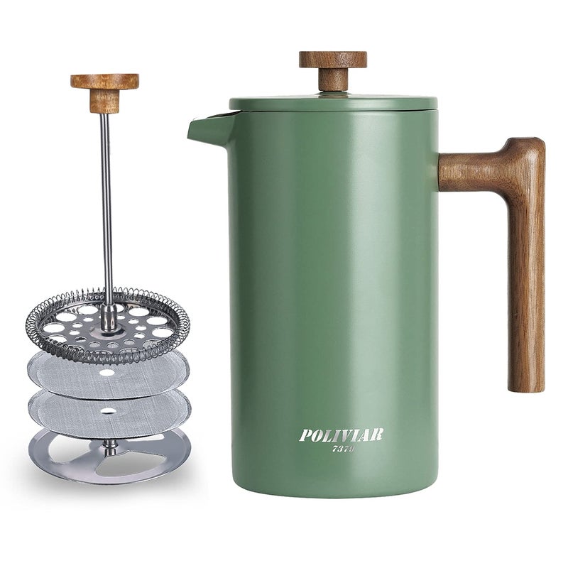 POLIVIAR 7379 POLIVIAR French Press Coffee Maker 34 oz Coffee Press with Real Wood Handle Double Wall Insulation  DualFilter Screen Food Grade Stainless Steel for Good Coffe and Tea Flatland 