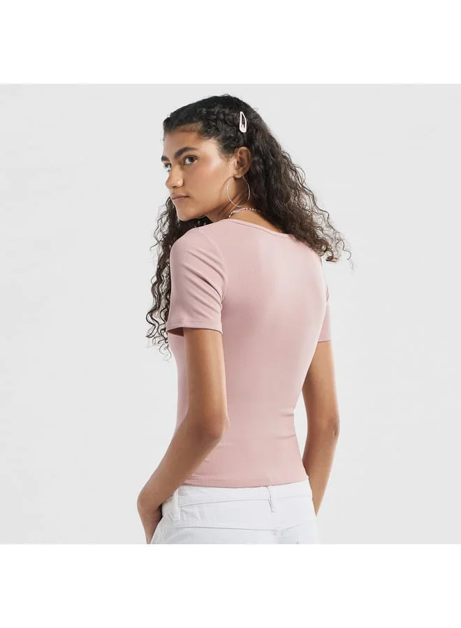 Splash FAV Ribbed Crew Neck Top with Cutout Detail and Short Sleeves