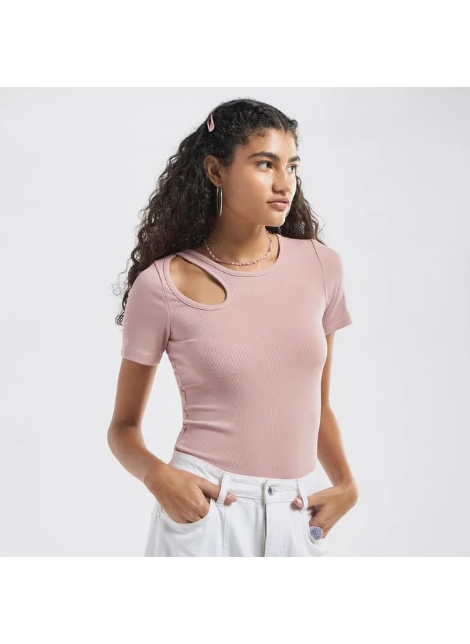 FAV Ribbed Crew Neck Top with Cutout Detail and Short Sleeves