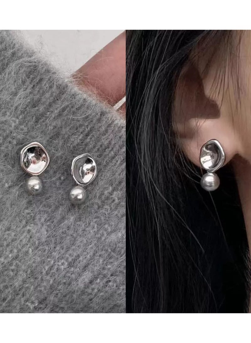 Minimalist Gray Bean Pearl Stud Earrings with 925 Sterling Silver – High-Gloss Metal Texture, Elegant Everyday Workwear Jewelry for Women  - Image 1
