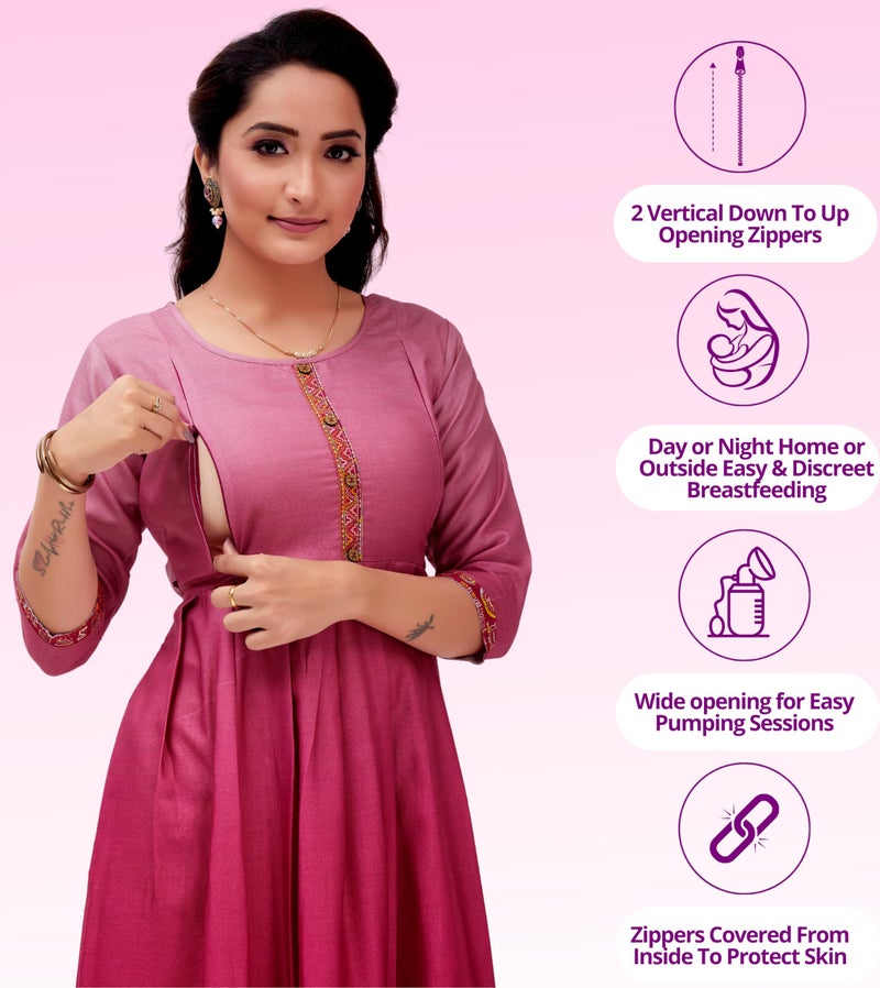 RITIJYA Feeding Kurtis for Women with Zip | Maternity Gown Pregnancy Dress for Nursing Mothers | Viscose Rayon | Maternity Wear Feeding Dress Tops (4XL, Pink,9013_48), Relaxed Fit - Image 2