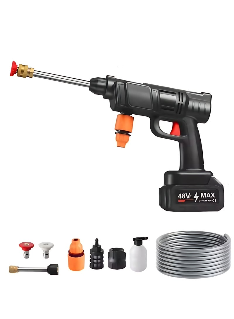 مسدس غسيل سيارات لاسلكي عالي الضغط، منظف رش ماء قابل لإعادة الشحن مع خرطوم وفوهات متعددة، غسالة تنظيف محمولة. - Image 1