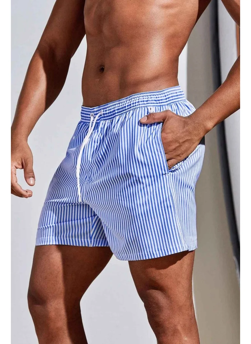 انجلسين Men's Basic Standard Size Thin Striped Printed Swimsuit with Pocket Swim Shorts