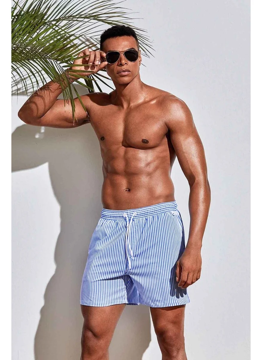 Angelsin Men's Basic Standard Size Thin Striped Printed Swimsuit with Pocket Swim Shorts