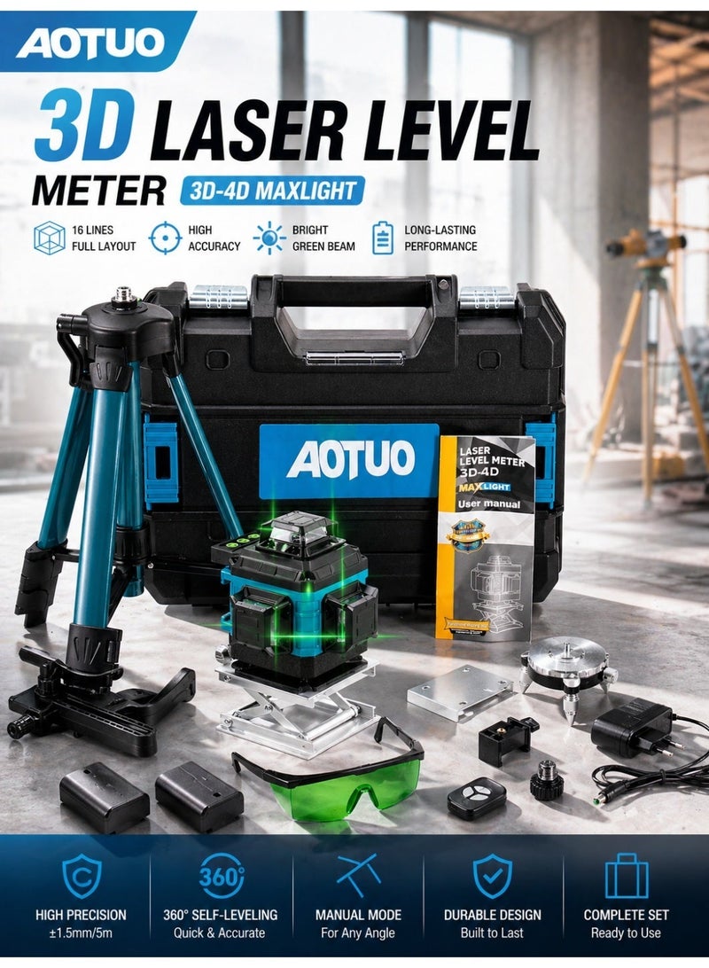 او تو او طقم AOTUO 4D Laser Level Pro، 16 خطًا، تسوية ذاتية 360 درجة مع قاعدة دوارة مغناطيسية، حامل ثلاثي القوائم، بطاريتان طويلتا الأمد وجهاز تحكم عن بعد، مثالي لأرضيات البلاط، والبناء، وتعليق الصور (صندوق أدوات محمول مرفق). - Image 1