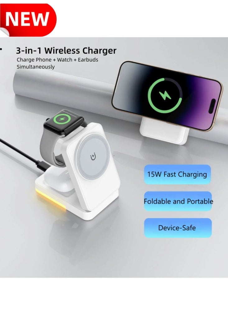 Foldable 3-in-1 Wireless Charging Station with Magnetic Wireless Charging Base, supporting wireless charging for multiple devices: iPhone 17, 16, 15, 14, 13, 12, 11, X, Pro Max, Plus, Apple Watch, AirPods. White. - Image 1