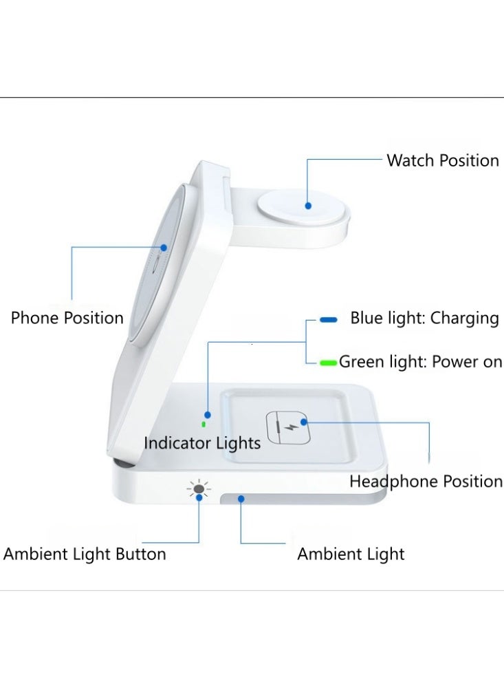 Foldable 3-in-1 Wireless Charging Station with Magnetic Wireless Charging Base, supporting wireless charging for multiple devices: iPhone 17, 16, 15, 14, 13, 12, 11, X, Pro Max, Plus, Apple Watch, AirPods. White. - Image 2
