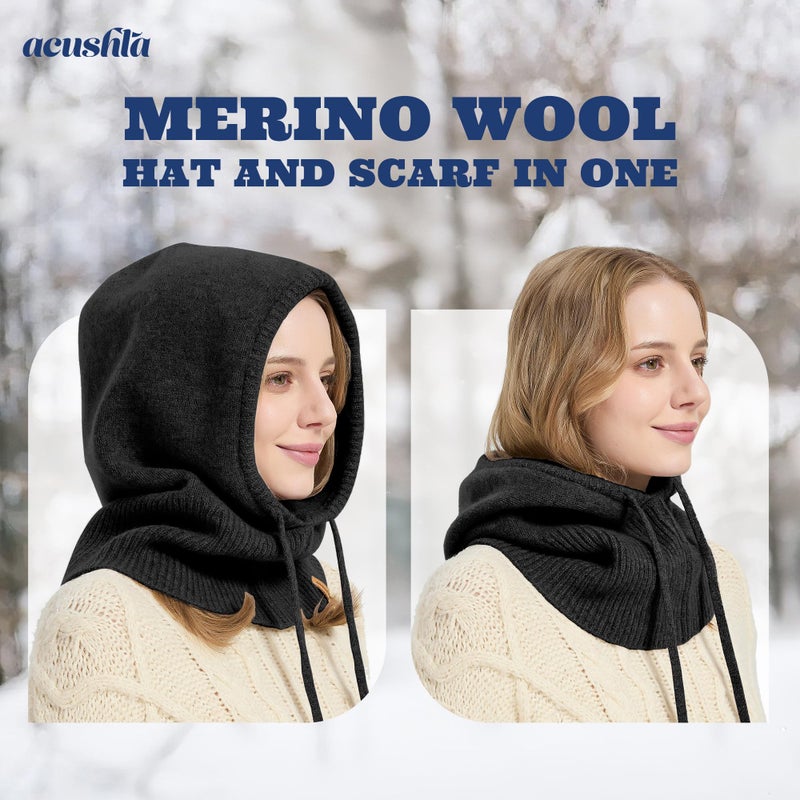 ACUSHLA 100% Merino Wool Balaclava for Women & Men Winter Warm Knit Hooded Scarf Hoodie Hat and Scarf Set in One, Black - Image 2