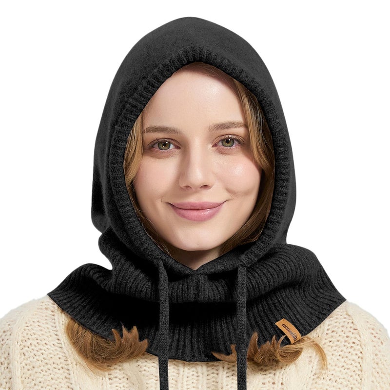 ACUSHLA 100% Merino Wool Balaclava for Women & Men Winter Warm Knit Hooded Scarf Hoodie Hat and Scarf Set in One, Black - Image 1