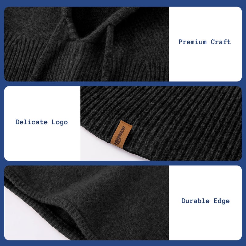 ACUSHLA 100% Merino Wool Balaclava for Women & Men Winter Warm Knit Hooded Scarf Hoodie Hat and Scarf Set in One, Black - Image 4