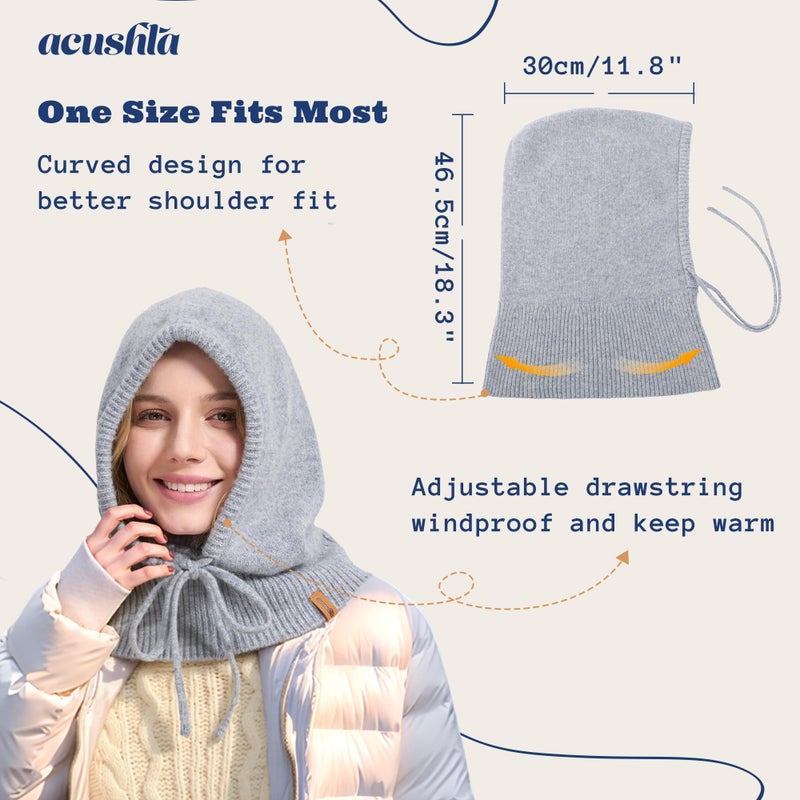 ACUSHLA 100% Merino Wool Balaclava for Women & Men Winter Warm Knit Hooded Scarf Hoodie Hat and Scarf Set in One, Black - Image 5