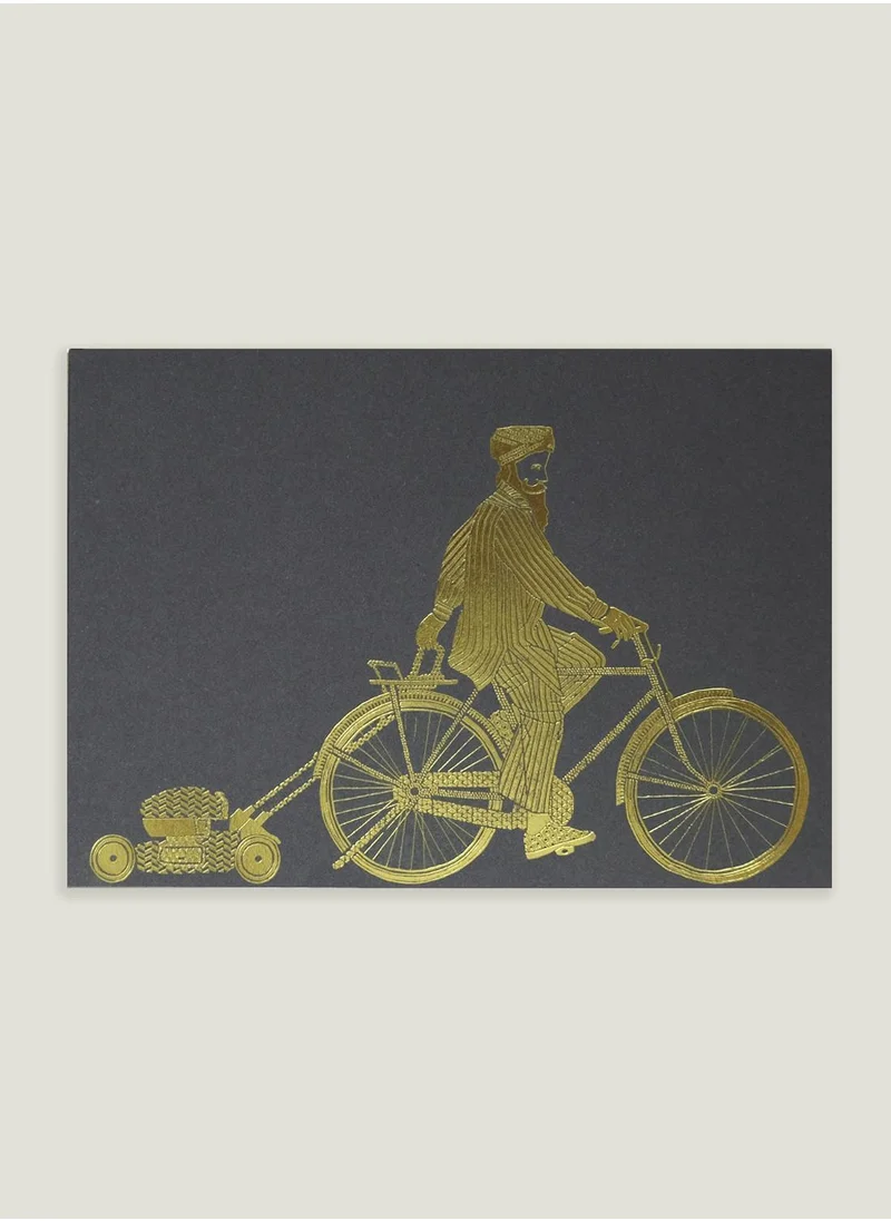 Little Majlis Postcard, bike, grey on gold