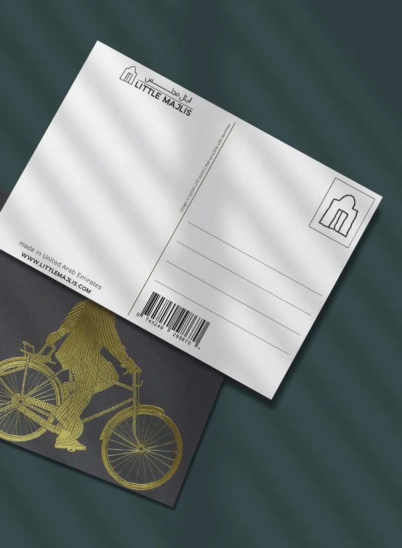 Little Majlis Postcard, bike, grey on gold