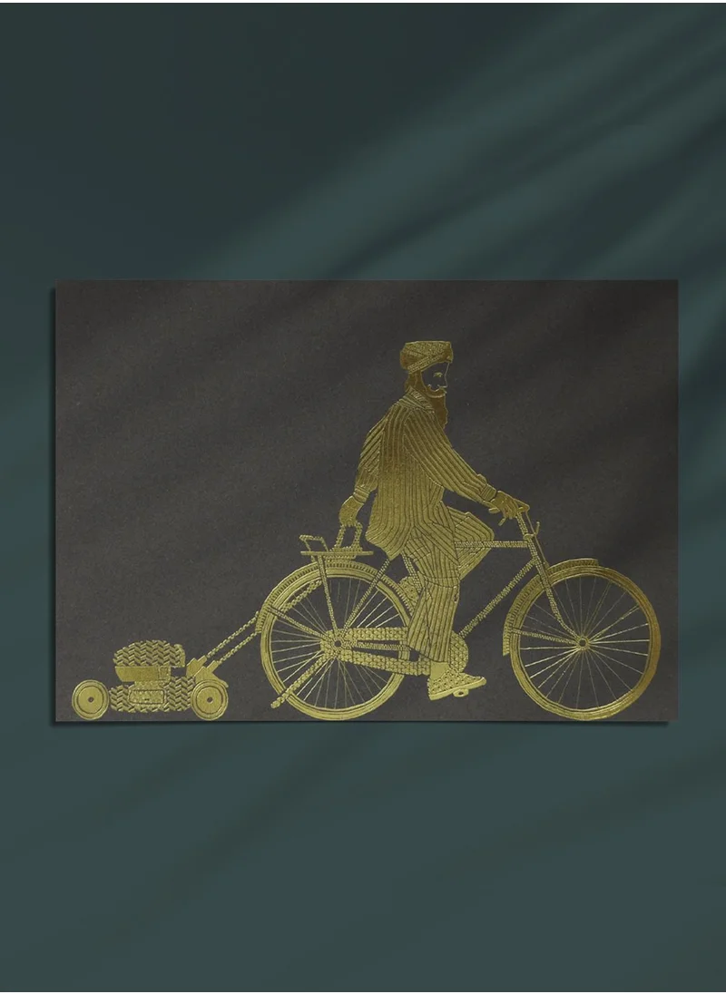 Little Majlis Postcard, bike, grey on gold