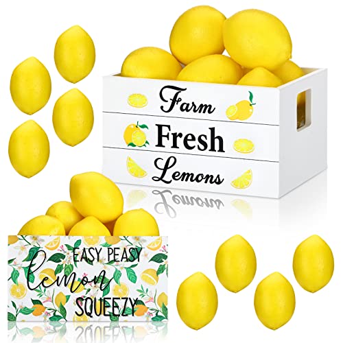 Marsui Lemon Mini Wooden Crate Summer Tiered Tray Decor with 8 Fake Lemon Decoration for Kitchen Home Table Decor Party Centerpiece Farmhouse Lemonade Kitchen Decorations