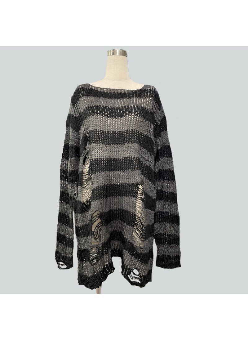 Generic Mohair new European and American Foreign trade loose striped sweater Women's Mid-length pullover ripped thin wool sweater  - Image 1