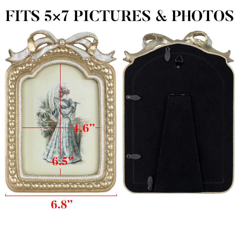 GUOER Vintage 5x7 Picture Frame with Bow Antique Ornate Table Top and Wall Mounting Photo Frame with High Definition Glass Front for Home Decor, Photo Gallery, Art(5x7, Gold) - Image 2