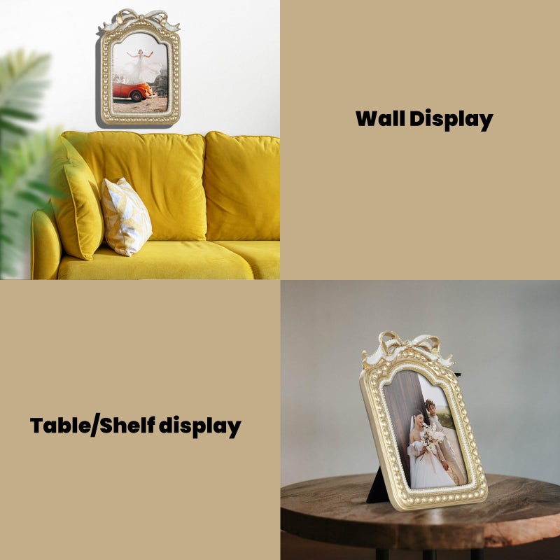 GUOER Vintage 5x7 Picture Frame with Bow Antique Ornate Table Top and Wall Mounting Photo Frame with High Definition Glass Front for Home Decor, Photo Gallery, Art(5x7, Gold) - Image 4