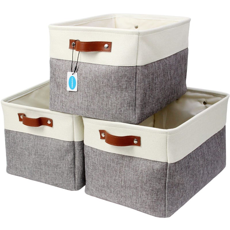 Casaphoria 3Pcs Collapsible Cube Fabric Storage Baskets with HandlesFoldable Canvas Storage Baskets for Shelves OrganizingRectangular Closet Storage Bins for Home Office Closet Utility Room
