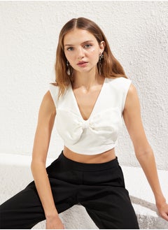 White Bow Detail Crop Woven Blouse TPRSS25BZ00022